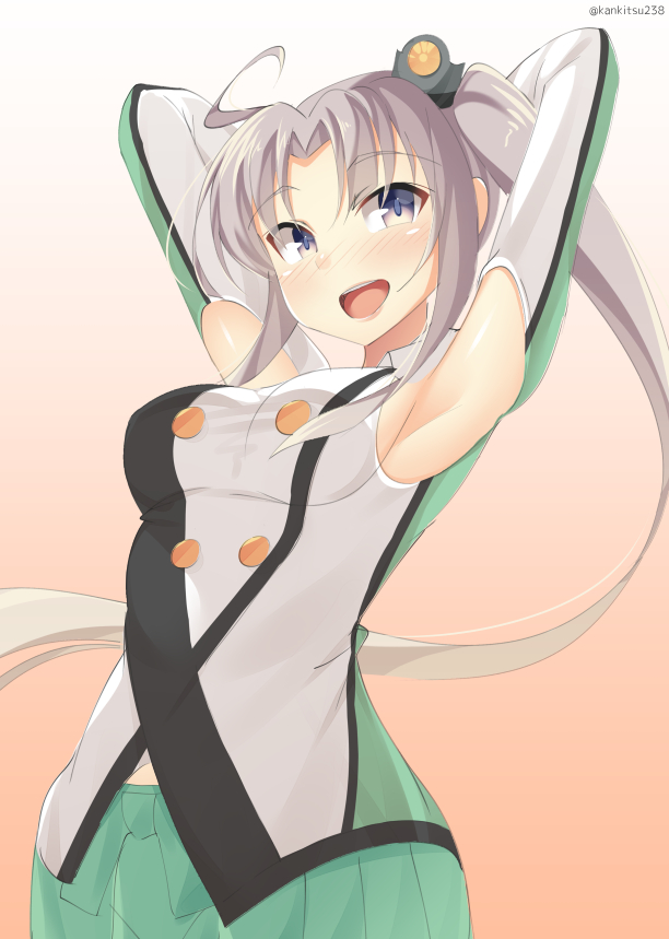 akitsushima_(kantai_collection) armpit_cutout armpits arms_behind_head arms_up bad_id bad_pixiv_id grey_hair kankitsunabe_(citrus) kantai_collection long_hair military military_uniform open_mouth purple_eyes side_ponytail solo uniform