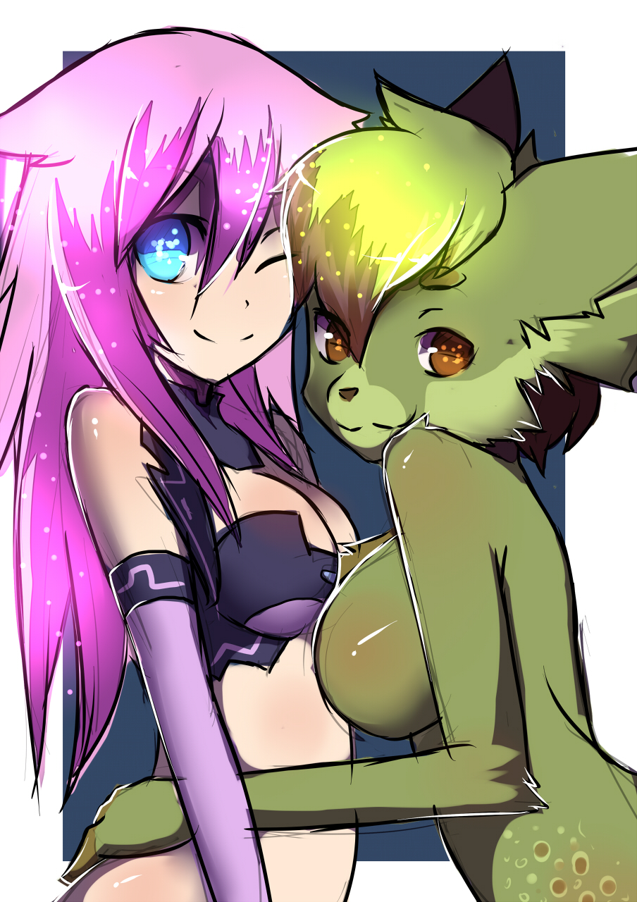 anthro breasts clothed clothing duo feline female human looking_at_viewer mammal naomy nude one_eye_closed simple_background smile