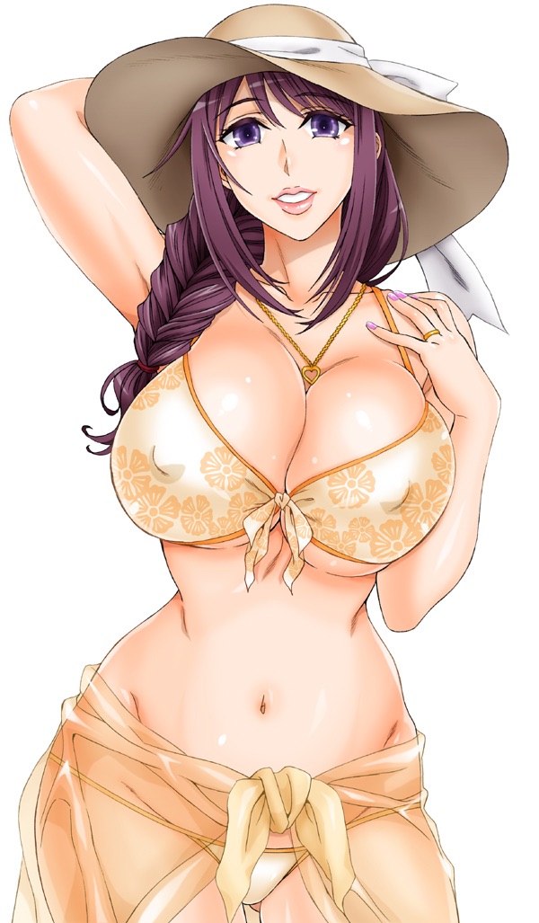 bikini braid breasts contrapposto covered_nipples cowboy_shot front-tie_bikini front-tie_top hair_over_shoulder hand_behind_head hanzaki_jirou hat huge_breasts jewelry lips long_hair looking_at_viewer mature necklace parted_lips purple_eyes purple_hair ryuzoji_sanae single_braid smile solo standing sun_hat swimsuit walkure_romanze