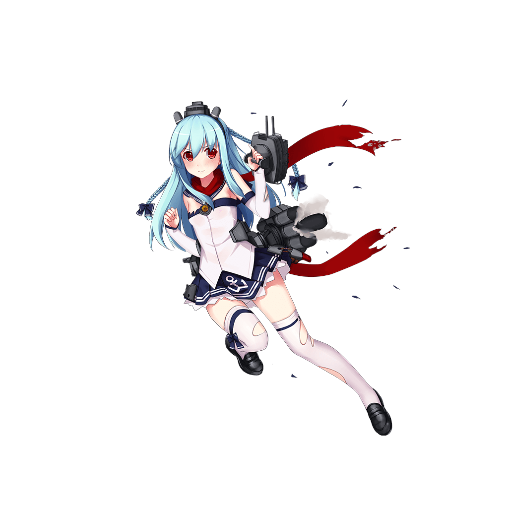 allenes armpits bare_shoulders black_footwear blue_bow blue_hair blue_skirt bow braid breasts cannon closed_mouth detached_sleeves fubuki_(zhan_jian_shao_nyu) full_body hair_bow hair_ribbon headwear leg_ribbon leg_up loafers long_hair looking_at_viewer machinery multiple_braids official_art pleated_skirt red_eyes red_scarf remodel_(zhan_jian_shao_nyu) ribbon rigging sailor_collar scarf shoes skirt small_breasts smoke solo standing standing_on_one_leg strapless thighhighs torn_clothes torpedo transparent_background tubetop turret twin_braids white_legwear white_sleeves zettai_ryouiki zhan_jian_shao_nyu