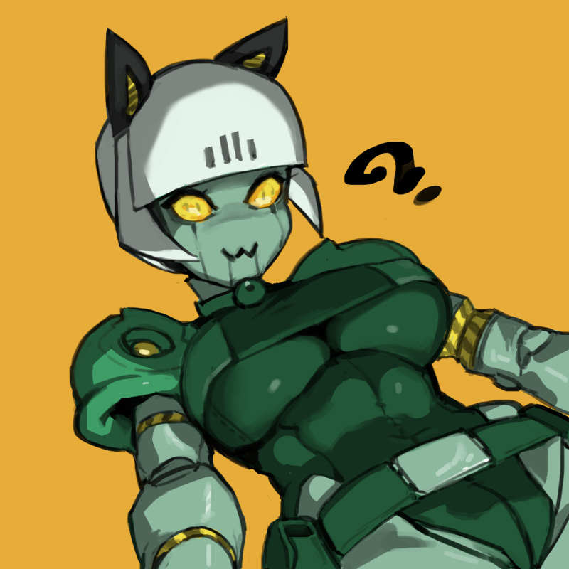 1girl ? female robo-fortune robot robot_girl simple_background skullgirls solo tagme underboob yellow_background yellow_eyes