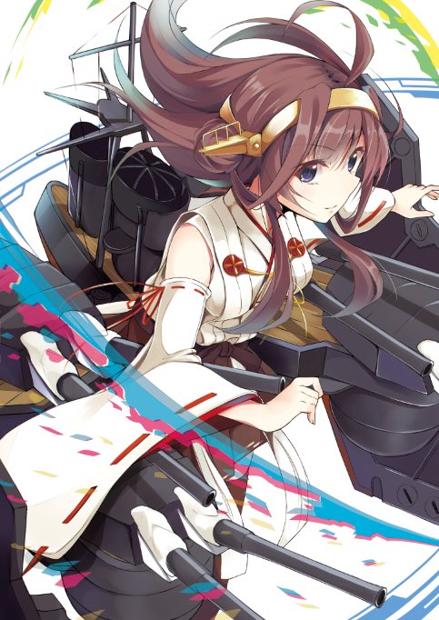 ahoge bare_shoulders black_legwear black_skirt blue_eyes breasts brown_hair cannon commentary detached_sleeves eyebrows_visible_through_hair hair_between_eyes hand_up hazuki_gyokuto headband headgear japanese_clothes kantai_collection kongou_(kantai_collection) long_hair long_sleeves looking_at_viewer medium_breasts nontraditional_miko pleated_skirt simple_background skirt smile smokestack solo thighhighs turret white_background wide_sleeves