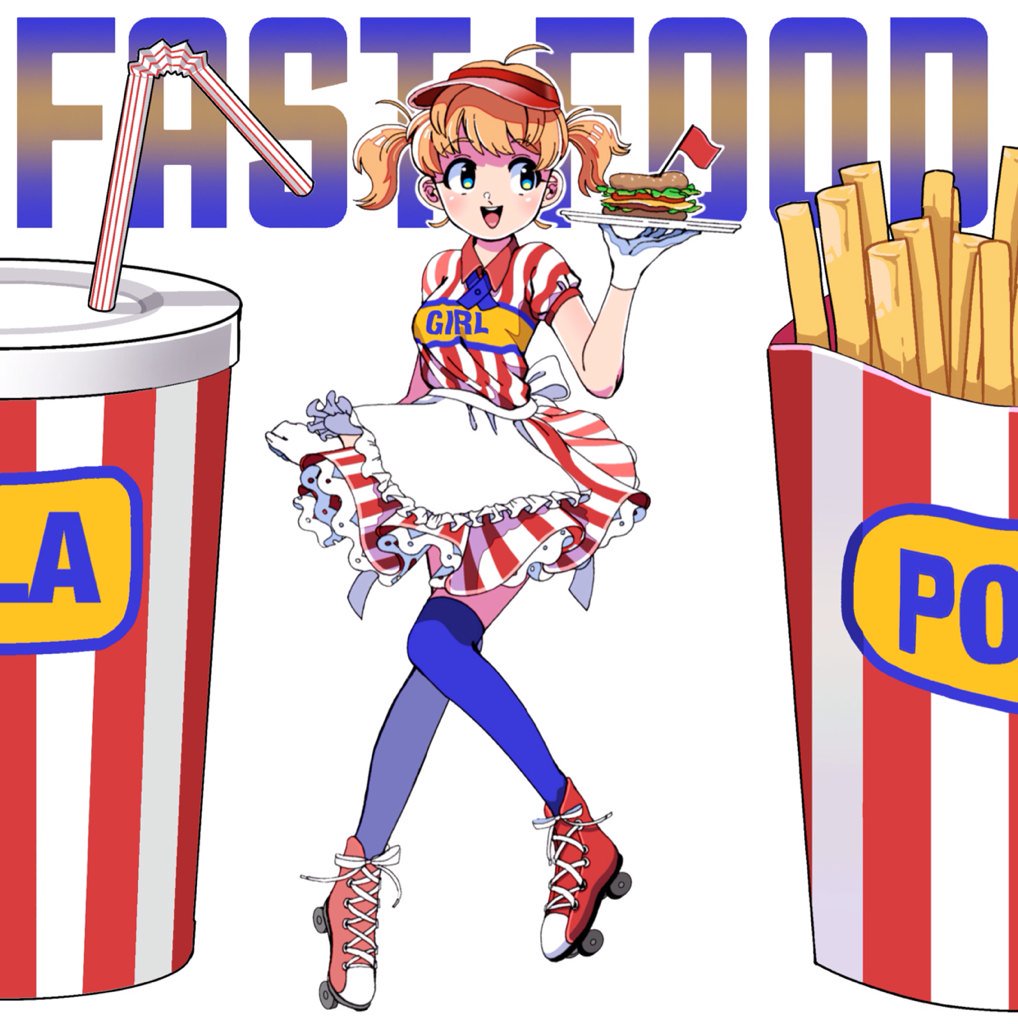 blue_legwear cup disposable_cup food french_fries gloves green_eyes hamburger minamijima_command oldschool orange_hair original roller_skates short_twintails simple_background skates smile solo striped thighhighs twintails vertical_stripes visor_cap waitress white_background