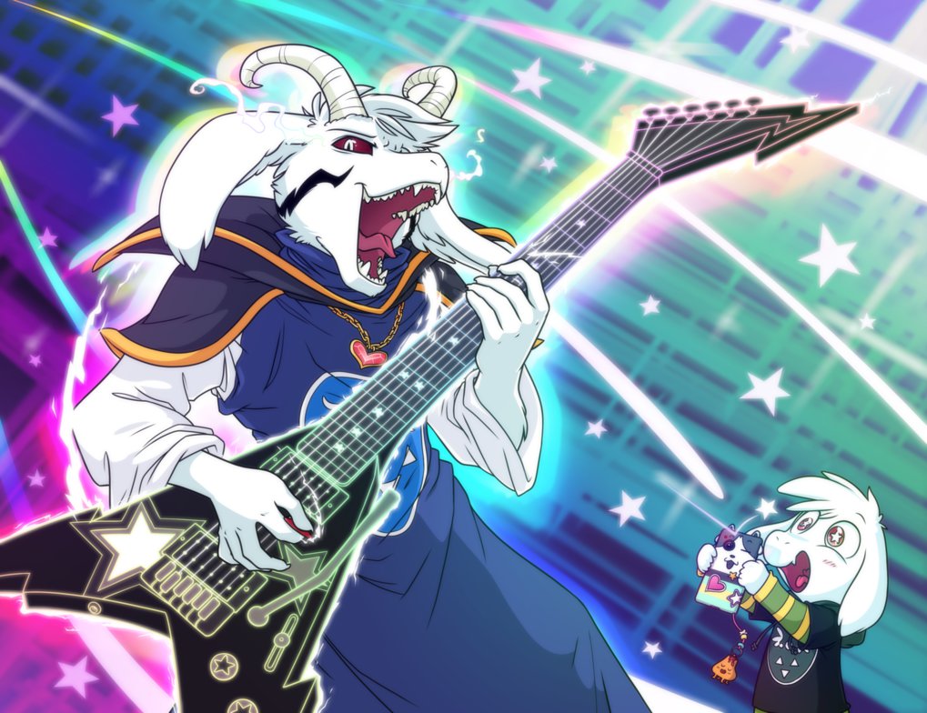 asriel_dreemurr caprine cellphone clothing electric_guitar equestria-prevails fangs guitar guitar_pick hair_tuft horn locket long_ears mammal musical_instrument phone red_eyes robe shirt star t-shirt temmie_(undertale) tongue undertale video_games vulkin young