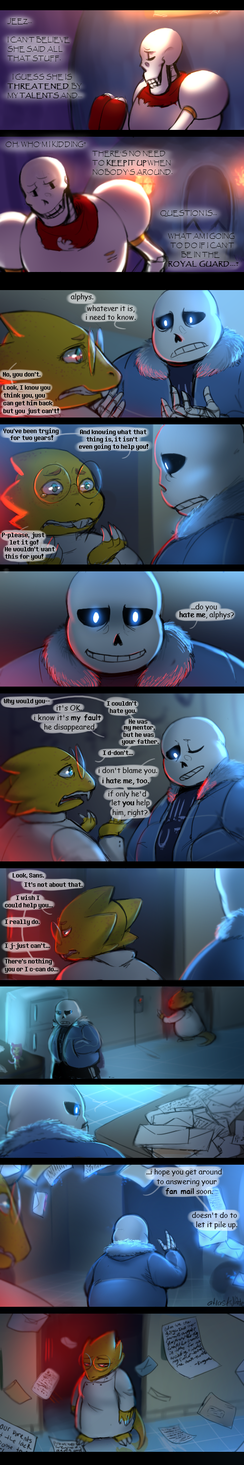 ! ... 2016 ? ?! absurd_res alphys anthro atlas-white awkward clothing comic dialogue digital_media_(artwork) duo_focus english_text eyes_closed eyewear female group hair hi_res male mammal marine monster nervous not_furry open_mouth paperwork papyrus_(undertale) sad sans_(undertale) scales scarf sharp_teeth shocked signature smile speech_bubble sweat teeth text undertale video_games water