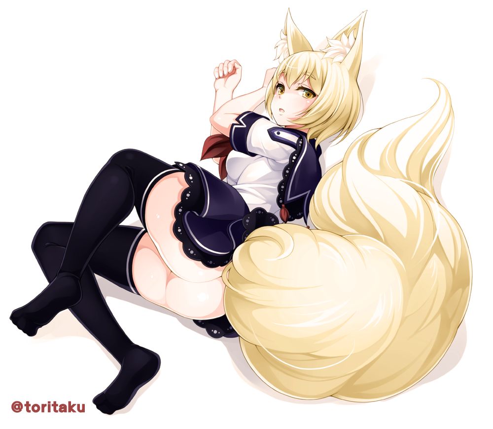 animal_ears ass black_legwear blonde_hair fox_ears fox_tail frills full_body lace lace-trimmed_shirt lace-trimmed_skirt lying no_panties on_side open_mouth original sailor_collar shirt short_hair short_sleeves simple_background skirt solo tail thighhighs torigoe_takumi twitter_username white_background yellow_eyes