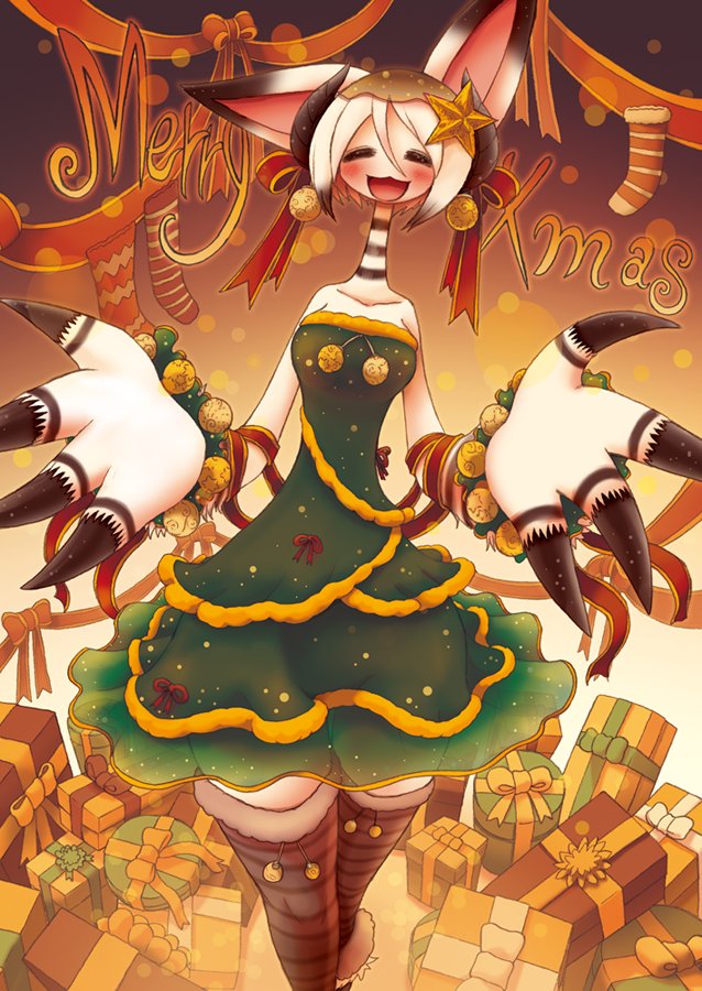 2018 anthro bell big_hands breasts canine claws clothed clothing female festive flower_knight_dakini fox fur hair legwear long_neck mammal open_mouth prakasha_(flower_knight_dakini) sho_shibamoto solo stockings