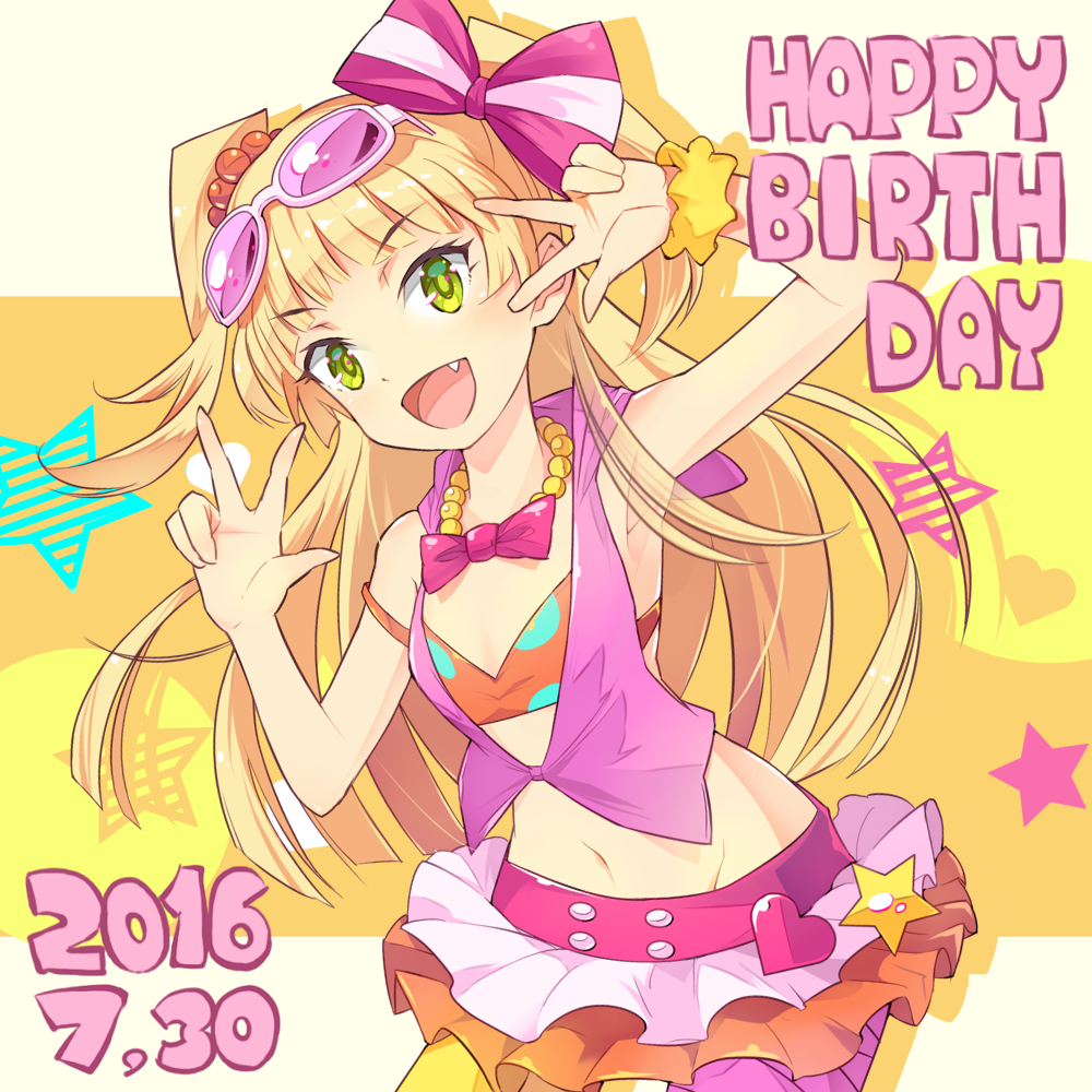 2016 :d armpits bad_id bad_pixiv_id blonde_hair bow bra dated double_v eyewear_on_head fang frilled_skirt frills green_eyes hair_bow happy_birthday heart idolmaster idolmaster_cinderella_girls jougasaki_rika layered_skirt long_hair mismatched_legwear multicolored multicolored_bra multicolored_clothes navel open_mouth pikapikapop polka_dot polka_dot_bra skirt smile solo star striped striped_bow sunglasses underwear v yaeko