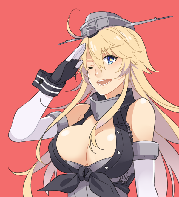 blonde_hair blue_eyes breasts cleavage elbow_gloves fingerless_gloves front-tie_top gloves headgear iowa_(kantai_collection) kantai_collection large_breasts long_hair one_eye_closed salute solo star star-shaped_pupils symbol-shaped_pupils upper_body yukko0930