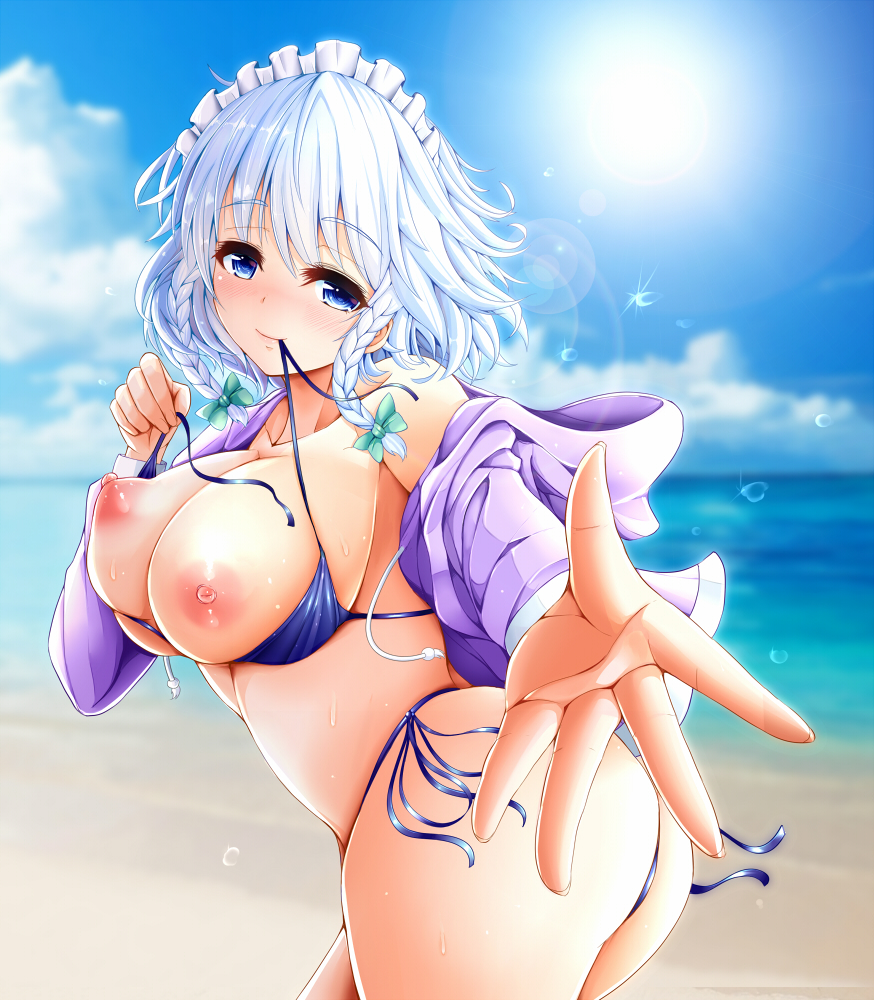 alternate_breast_size alternate_costume areolae ass beach bikini blue_bikini blue_eyes braid breasts breasts_outside cloud collarbone day from_behind hair_ribbon hood hooded_jacket izayoi_sakuya jacket koza47322 large_breasts light_particles light_rays maid_headdress mouth_hold nipples ocean open_clothes open_jacket outdoors outstretched_arm reaching_out ribbon short_hair side-tie_bikini silver_hair skindentation sky solo stomach sun sunlight swimsuit thighs touhou tress_ribbon twin_braids untied untied_bikini untying