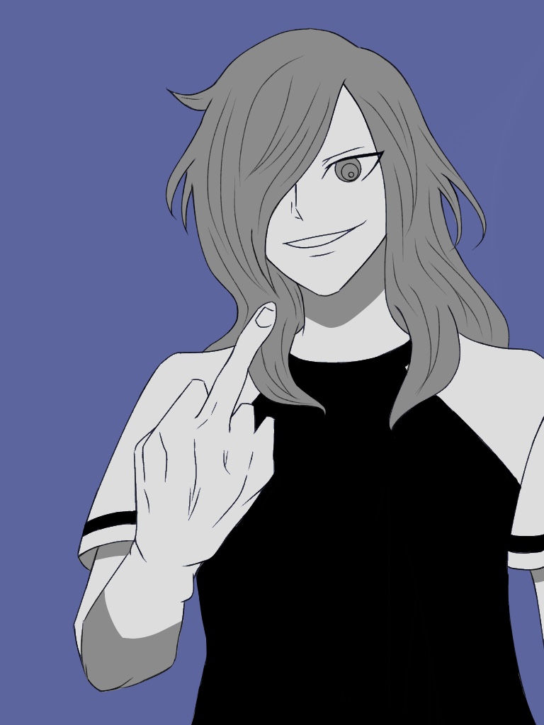 1boy grin hair_over_one_eye haizaki_ryouhei inazuma_eleven inazuma_eleven_(ares_no_tenbin) inazuma_eleven_(series) looking_at_viewer male_focus middle_finger partially_colored simple_background solo tagme