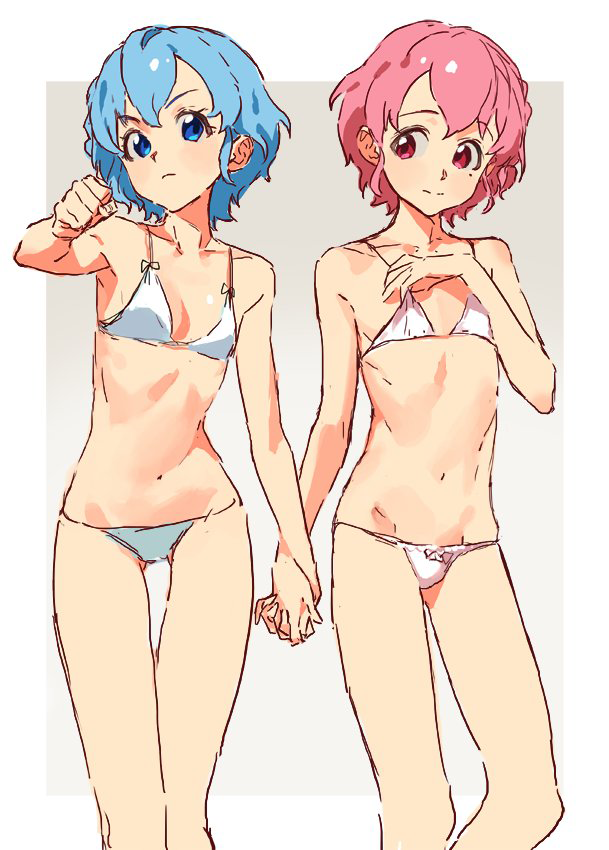 1girl bad_id bad_pixiv_id bikini blue_eyes blue_hair breasts brother_and_sister bulge cleavage clenched_hand crossdressing dorothy_west holding_hands leona_west looking_at_viewer mole mole_under_eye navel otoko_no_ko pink_eyes pink_hair pretty_(series) pripara rr_(suisse200) short_hair siblings small_breasts swimsuit twins