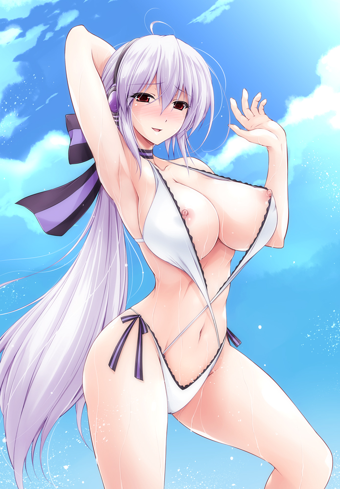 ahoge arm_up armpits blush breasts brown_eyes headphones large_breasts long_hair mdrg navel nipple_slip nipples ponytail purple_hair solo swimsuit very_long_hair vocaloid voyakiloid wet yowane_haku