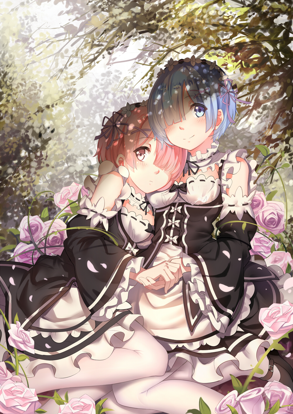 apron arm_garter bad_id bad_pixiv_id black_bow black_footwear black_ribbon blue_eyes blue_hair blush bow breasts cleavage closed_mouth dappled_sunlight detached_sleeves dress flower frilled_apron frilled_dress frilled_sleeves frills frown hair_ornament hair_over_one_eye hair_ribbon hairband highres holding_hands leaf leaning_on_person leaning_to_the_side looking_at_viewer maid mary_janes medium_breasts multiple_girls outdoors pantyhose petals pink_hair plant purple_flower purple_rose ram_(re:zero) re:zero_kara_hajimeru_isekai_seikatsu red_eyes rem_(re:zero) ribbon ribbon_trim rose shade shoes short_hair siblings sisters sitting smile sunlight tree twins underbust vines waist_apron white_apron white_bow white_legwear wide_sleeves x_hair_ornament yeluno_meng yokozuwari