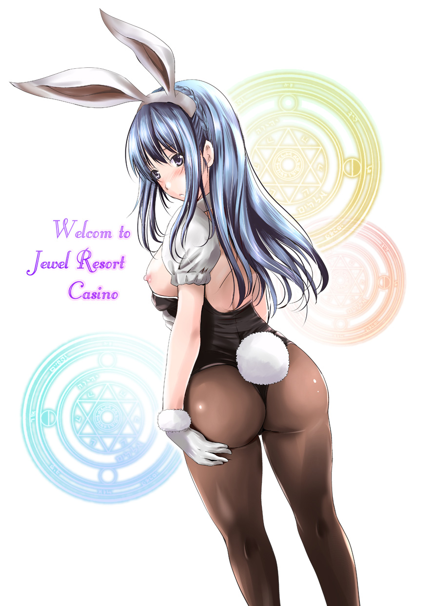 1girl against_wall artist_request ass back bare_shoulders blue_eyes blue_hair blush bunny_ears bunny_girls bunny_tail bunnysuit from_behind gloves granblue_fantasy long_hair looking_at_viewer nipple_slip nipples open_mouth pantyhose parted_lips shiny shiny_clothes shiny_hair shiny_skin solo tail therese_(granblue_fantasy)