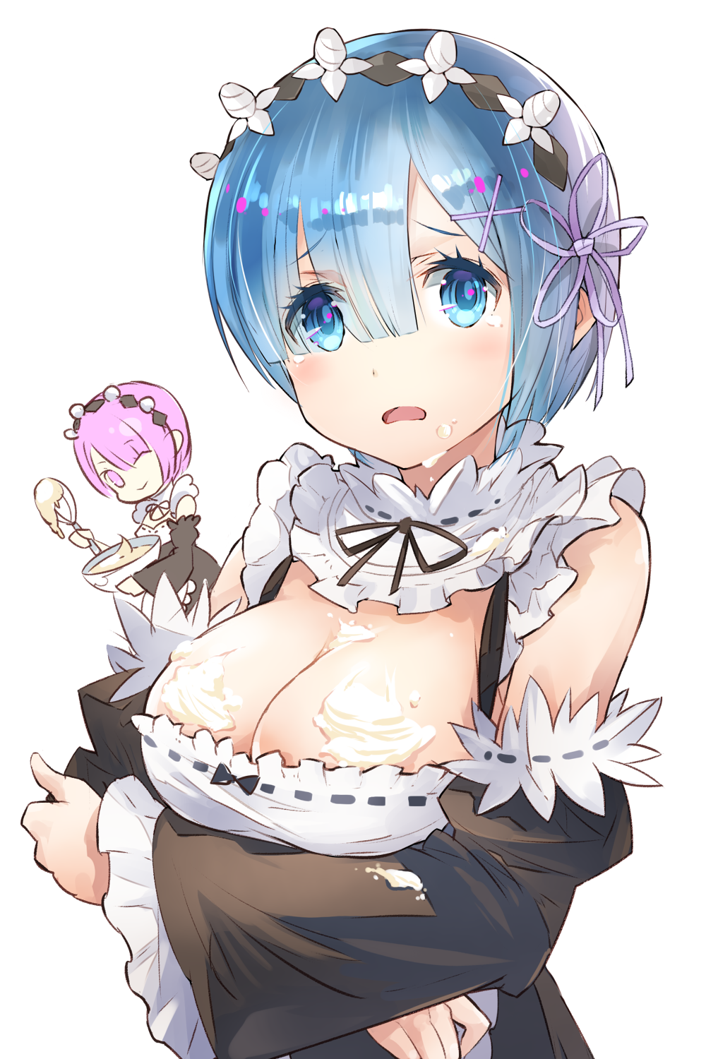 ;) apron arm_garter bangs black_bow blue_eyes blue_hair blush bow bowl breast_hold breasts bust_cup chibi cleavage closed_mouth colored_eyelashes cream cream_on_face detached_sleeves dress dripping eyebrows eyebrows_visible_through_hair eyelashes food food_on_body food_on_face hair_ornament hair_over_one_eye hair_ribbon hairband highres holding large_breasts looking_at_viewer maid mayonnaise mixing_bowl multiple_girls neck_ribbon one_eye_closed open_mouth pink_eyes pink_hair purple_ribbon ram_(re:zero) re:zero_kara_hajimeru_isekai_seikatsu rem_(re:zero) ribbon ribbon_trim sexually_suggestive short_hair siblings simple_background sisters smile sweat twins underbust upper_body waist_apron whisk white_apron white_background x_hair_ornament yaeko