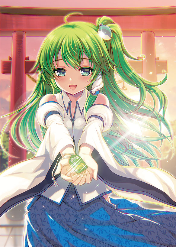 ahoge bare_shoulders blush charm_(object) commentary_request detached_sleeves frog frog_hair_ornament green_eyes green_hair hair_ornament hair_tubes hanao_(kuma-tan_flash!) holding kochiya_sanae long_hair looking_at_viewer open_mouth side_ponytail skirt smile solo touhou wide_sleeves