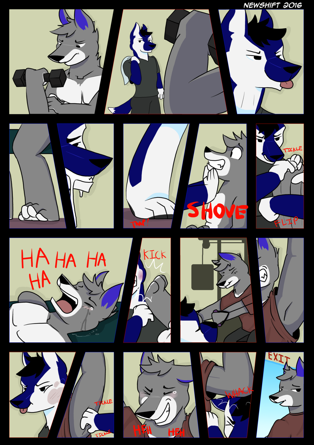 cale canine canine_paws comic comic_page feet male male/male mammal nathan newshift paws tickling wolf
