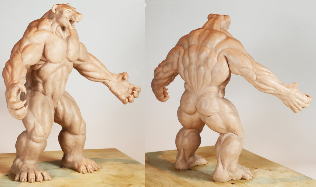 2013 abs anthro arms_out back_muscles bear biceps big_muscles claws clay featureless_crotch front_view full-length_portrait male mammal monochrome multiple_angles muscular muscular_back muscular_male nude open_mouth pecs plantigrade portrait quads rear_view roaring sculpture_(artwork) solo standing traditional_media_(artwork) triceps yo-yoyoyo