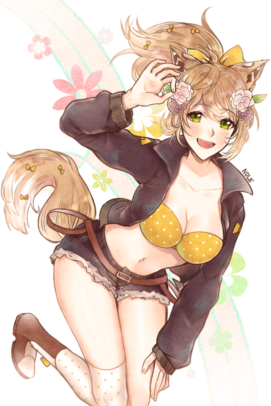 :d animal_ears arm_up artist_name belt belt_buckle blue_shorts blush boots borrowed_character bra breasts brown_footwear brown_jacket buckle cleavage collarbone cutoffs denim denim_shorts floral_background flower fox_ears fox_tail green_eyes hair_flower hair_ornament hand_gesture hand_on_thigh highres jacket knee_boots leaning_forward leg_up light_brown_hair long_hair long_sleeves medium_breasts no-shio ok_sign open_clothes open_jacket open_mouth original petals polka_dot polka_dot_bra polka_dot_legwear ponytail short_shorts shorts signature single_thighhigh smile solo standing standing_on_one_leg strapless strapless_bra tail thighhighs underwear yellow_bra