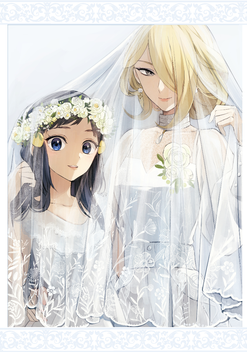 2girls age_difference arm_around_waist black_hair blonde_hair blue_eyes bridal_veil creatures_(company) dress earrings flower flower_wreath game_freak grey_eyes hair_over_one_eye hand_on_another's_hip head_wreath highres hikari_(pokemon) jewelry lace_trim looking_at_viewer multiple_girls nintendo open_mouth parted_lips pokemon pokemon_(game) pokemon_dppt shirona_(pokemon) simple_background size_difference smile tareme tsurime upper_body veil wedding_dress wife_and_wife yellow_eyes yukin_(es) yuri
