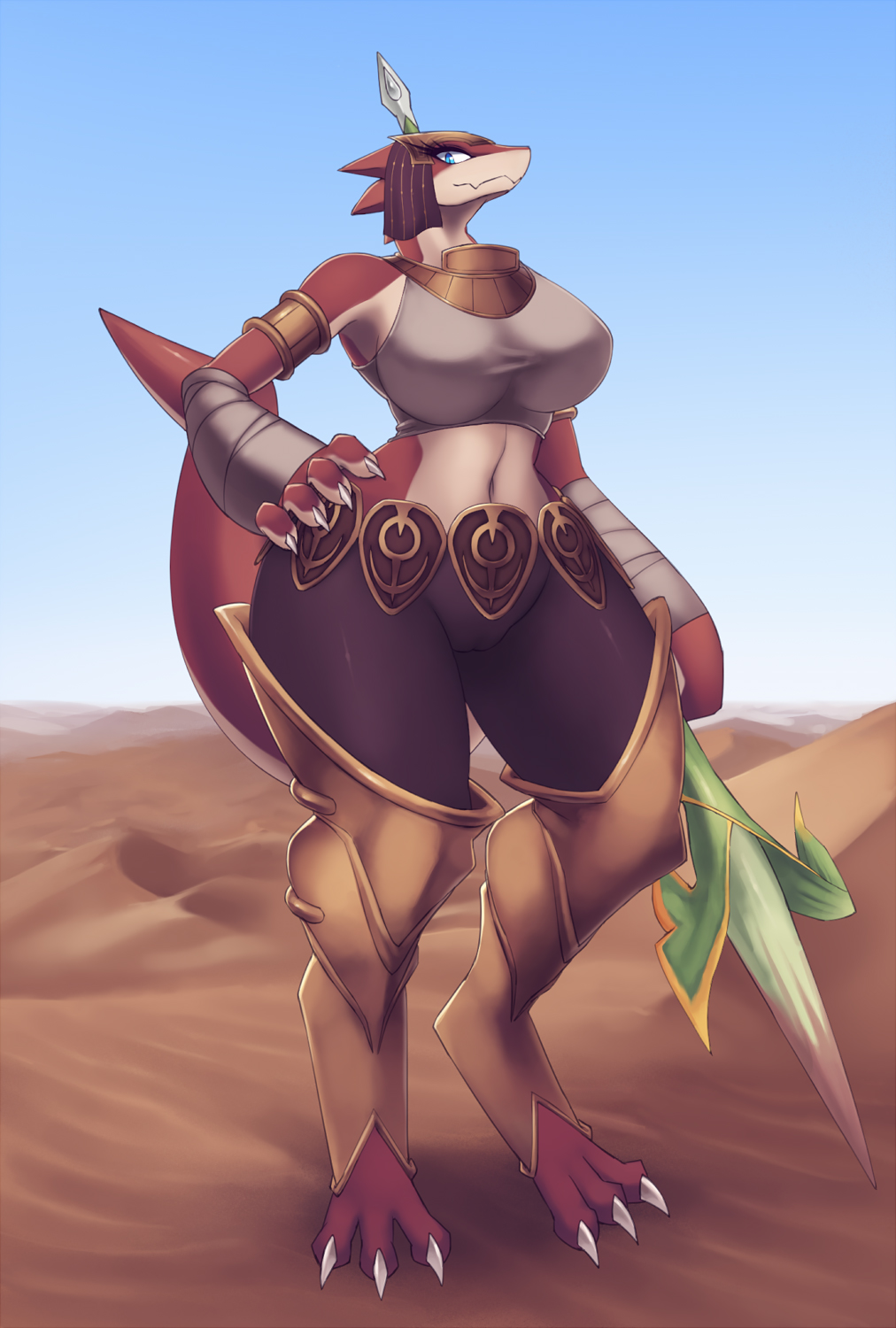 anthro big_breasts blue_eyes breasts camel_toe claws desert ever_oasis female lizard melee_weapon miura mrsk murasuke nintendo polearm reptile sand scalie solo spear toe_claws video_games weapon