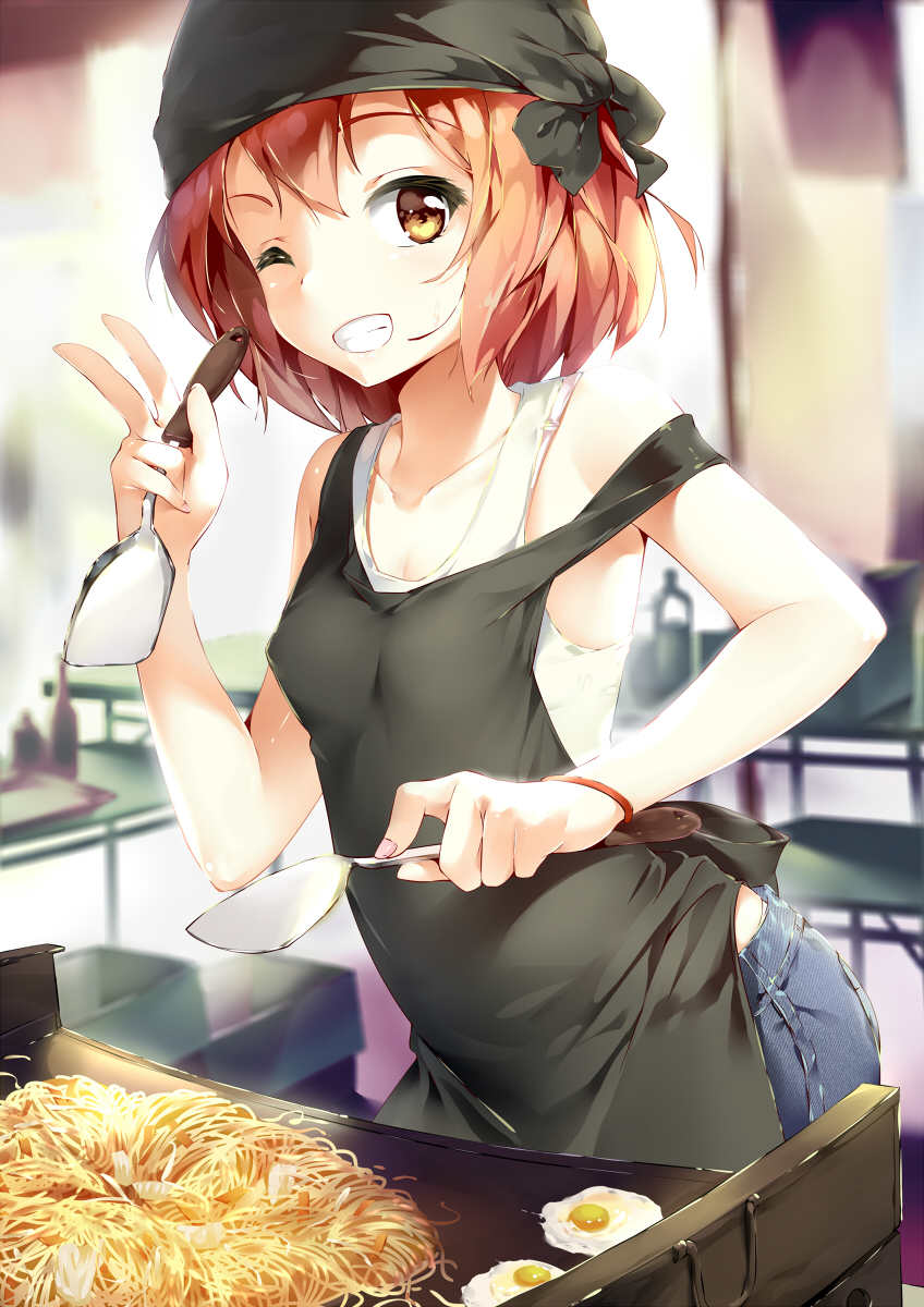 apron bandana breasts brown_hair cooking covered_nipples denim egg fried_egg griddle grin highres jeans looking_at_viewer one_eye_closed original pants short_hair shuffle_(songdatiankong) small_breasts smile solo spatula sweat teeth v yakisoba yellow_eyes