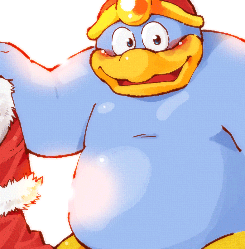 2016 avian beanie bird blush clothing garousuki hat king_dedede kirby_(series) lens_flare looking_toward_viewer nintendo nude overweight penguin robe simple_background solo standing undressing video_games white_background