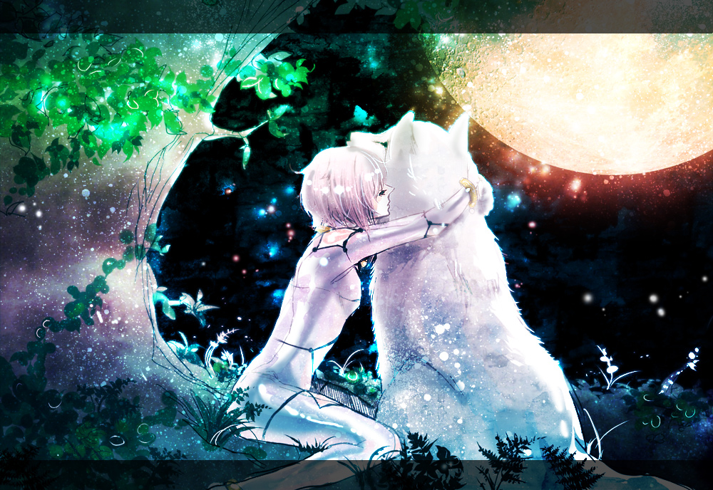 1boy 1girl animal animalization bodysuit cheza eyes_closed from_behind fur hug kiba letterboxed moon nasu_achiko night outdoors pink_hair profile short_hair sitting wolf wolf's_rain