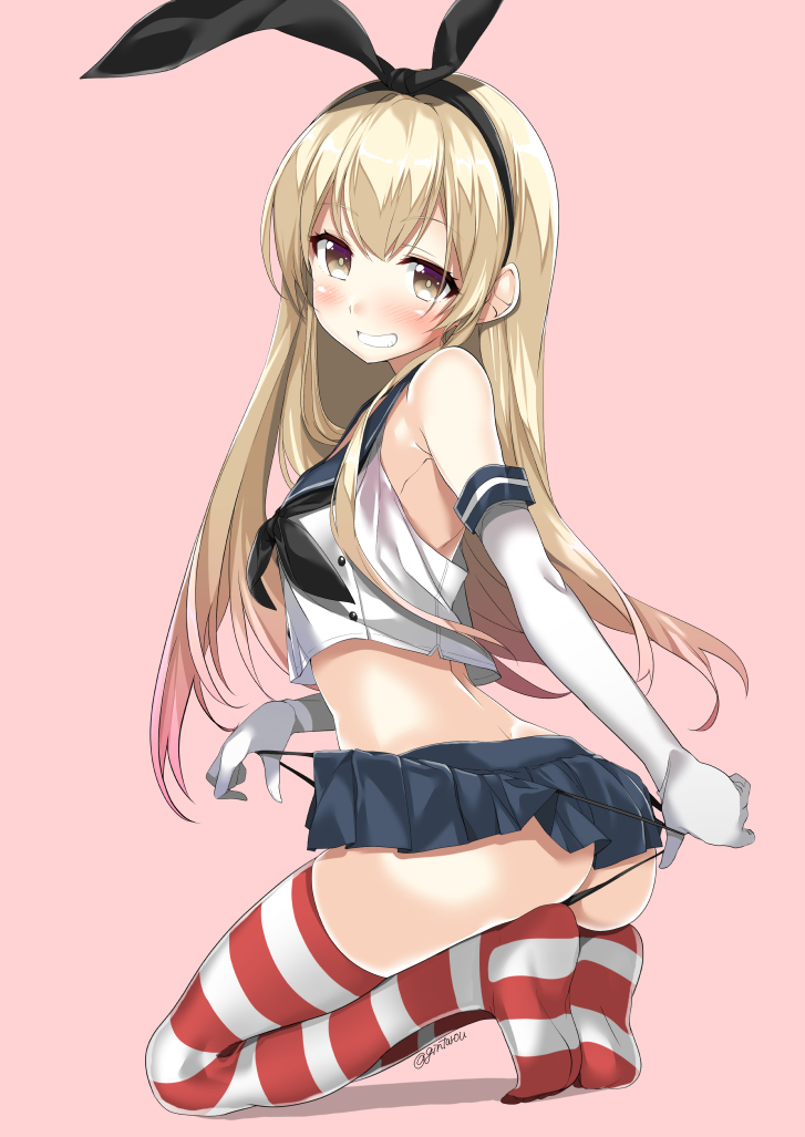 anchor anchor_hair_ornament ass bare_shoulders black_panties blonde_hair blush breasts brown_eyes commentary_request crop_top crop_top_overhang elbow_gloves gintarou_(kurousagi108) gloves grin hair_ornament hair_ribbon hairband highleg highleg_panties kantai_collection kneeling long_hair looking_at_viewer looking_back microskirt midriff no_shoes panties panties_day panty_pull pleated_skirt ribbon sailor_collar shimakaze_(kantai_collection) skirt small_breasts smile solo striped striped_legwear thighhighs thong underwear white_gloves