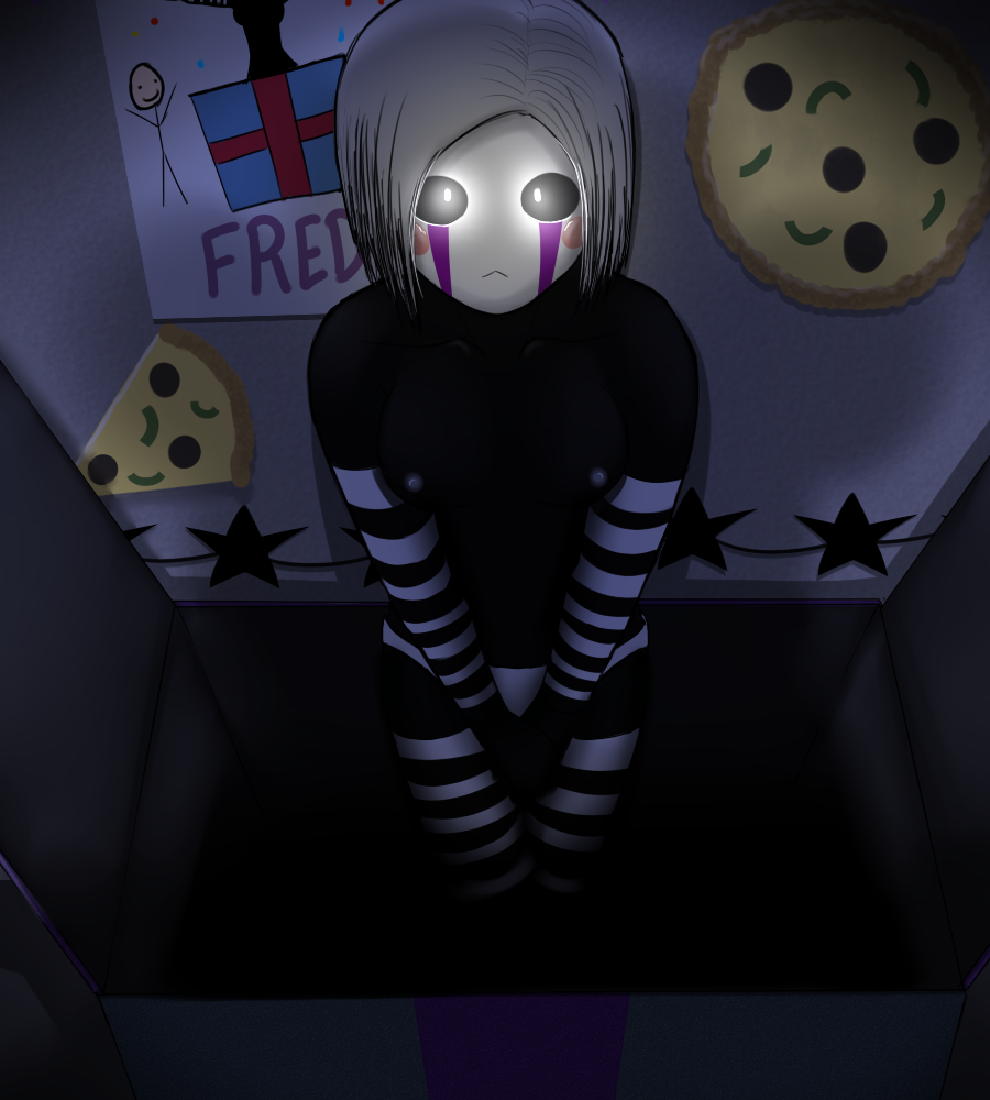 anthro arm_warmers bear black_body box breasts clothing datfurrydude detailed_background drawing duo five_nights_at_freddy's five_nights_at_freddy's_2 food garland glowing glowing_eyes hair humanoid mammal marionette_(fnaf) nipples not_furry pizza puppet_(fnaf) standing striped_clothing toy_freddy_(fnaf) video_games white_eyes white_hair white_panties