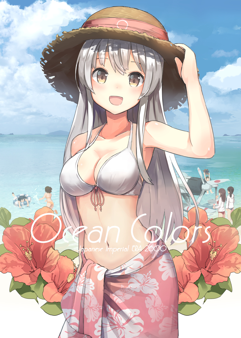 :d a6m2-n adapted_costume aircraft airplane akagi_(kantai_collection) arm_behind_back arm_up arms_up asymmetrical_hair bathing beach bikini blue_bikini breasts brown_hair cleavage cloud cloudy_sky collarbone commentary_request cowboy_shot day english floral_print flower front-tie_bikini front-tie_top hand_on_headwear hat hat_ribbon hibiscus highres hiryuu_(kantai_collection) horizon innertube isegawa_yasutaka japanese_flag kaga_(kantai_collection) kantai_collection long_hair looking_at_viewer medium_breasts multiple_girls navel ocean open_mouth orange_bikini outdoors partial_commentary red_bikini revision ribbon running sarong seaplane shoukaku_(kantai_collection) side_ponytail sky smile solo_focus souryuu_(kantai_collection) standing straw_hat swimsuit twintails wading water white_bikini white_hair yellow_eyes zuikaku_(kantai_collection)