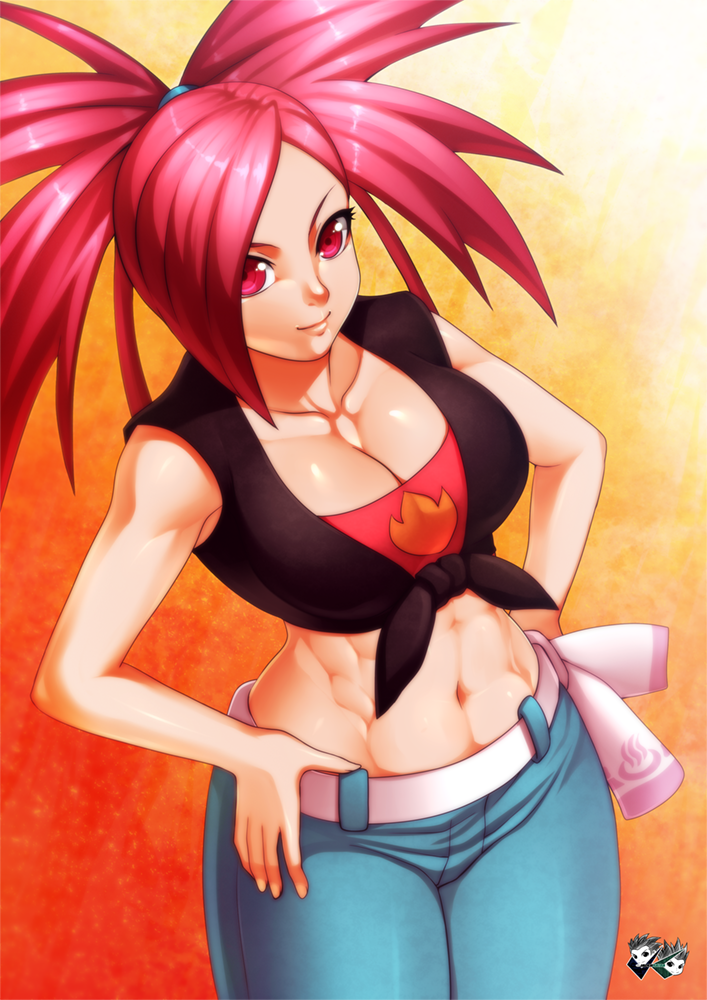 abs asuna_(pokemon) bangs bare_shoulders belt black_shirt blue_pants breasts cleavage closed_mouth collarbone cowboy_shot flame_print from_above front-tie_top hands_on_hips jadenkaiba large_breasts looking_at_viewer looking_up navel orange_background pants pokemon pokemon_(game) pokemon_oras shirt simple_background sleeveless sleeveless_shirt smile solo split_ponytail standing stomach swept_bangs toned
