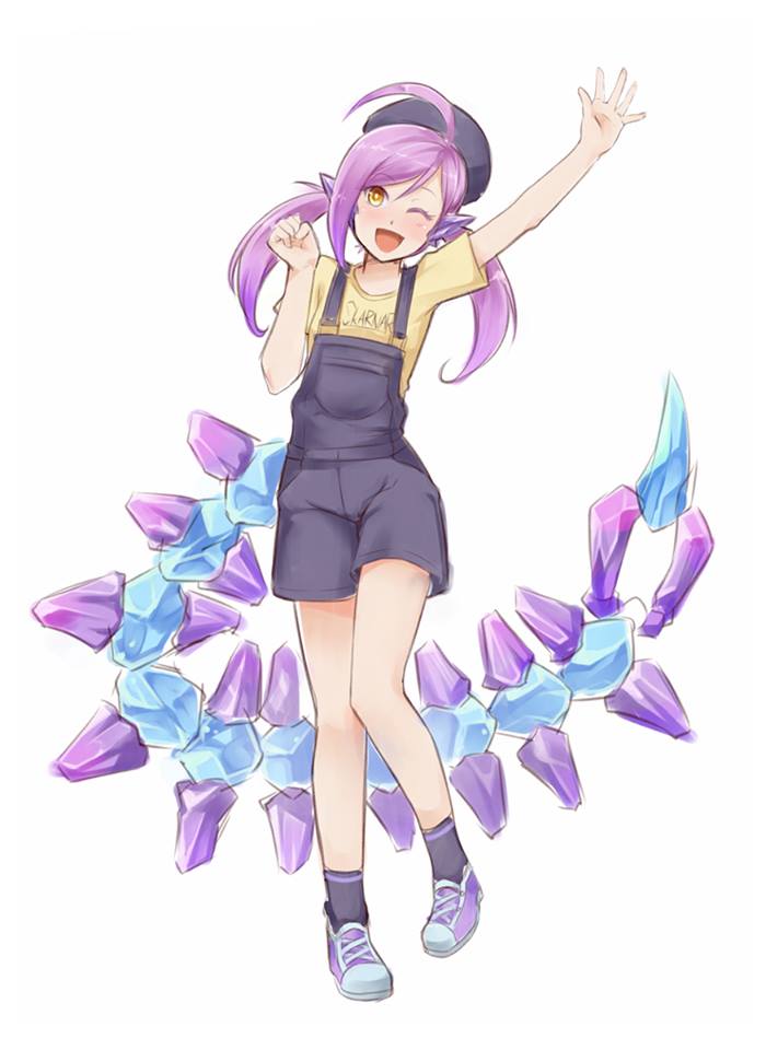 ahoge contemporary genderswap genderswap_(mtf) hat league_of_legends long_hair looking_at_viewer nam_(valckiry) one_eye_closed open_mouth overalls personification purple_hair scorpion_tail skarner solo tail twintails waving yellow_eyes