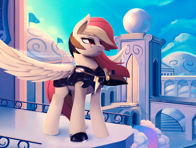 animated armor day detailed_background digital_media_(artwork) equine fan_character feathered_wings feathers fur hair male mammal multicolored_hair my_little_pony no_sound outside pegasus red_eyes rodrigues404 scar solo standing white_feathers white_fur wind wings