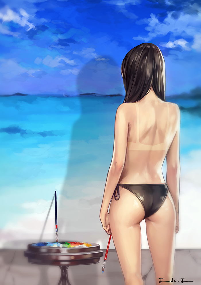 arms_at_sides art_brush ass back bare_legs beach bikini bikini_bottom bikini_tan black_bikini black_bikini_bottom black_hair blurry cloud day depth_of_field from_behind holding holding_brush legs_apart long_hair ocean original paintbrush painting_(object) palette shadow side-tie_bikini signature sky solo stool swimsuit tan tanline topless yohan12