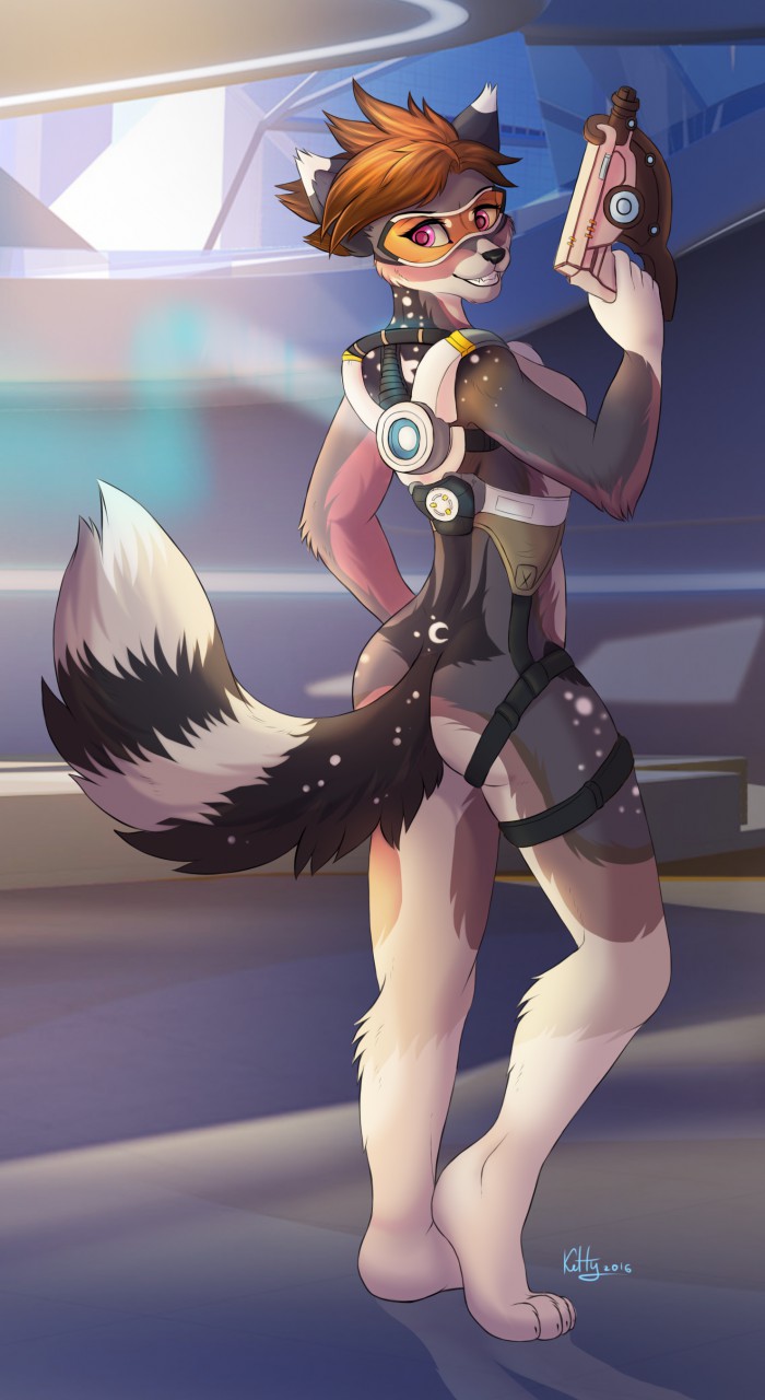 2016 anthro armor black_nose brown_fur brown_hair canine cosplay detailed_background english_text eyewear female fluffy fluffy_tail fox fur goggles grey_fur gun hair hi_res ketty-leopardess mammal overwatch purple_eyes ranged_weapon short_hair signature smile solo standing teeth text tracer_(overwatch) video_games weapon white_fur wide_hips