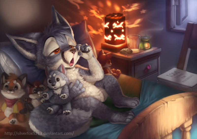 2016 4_fingers 4_toes amber_eyes anthro bed bedroom black_markings black_nose book canine chair cookie cub detailed_background digital_media_(artwork) facial_markings featureless_crotch fluffy fluffy_tail food fox fur glass grey_fur grey_hair hair half-closed_eyes incense lamp lying male mammal markings milk multicolored_fur naturally_censored nightstand nude on_back on_bed open_mouth pillow plushie sakurafox silverfox5213 sleepy solo toes url white_fur window yawn young