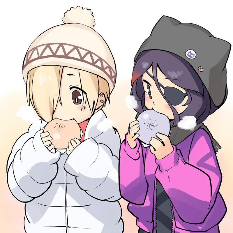 2girls asymmetrical_hair baozi beanie black_scarf blonde_hair blush breath brown_eyes commentary_request ear_piercing earrings eating eyepatch food gahaku gradient gradient_background hair_between_eyes hair_over_one_eye hat hayasaka_mirei idolmaster idolmaster_cinderella_girls jacket jewelry long_sleeves looking_down multiple_girls piercing pink_jacket scarf shirasaka_koume short_eyebrows simple_background sleeves_past_wrists stud_earrings unzipped white_coat zipper