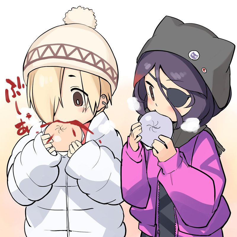 2girls asymmetrical_hair baozi beanie black_scarf blonde_hair blood blood_splatter blush breath brown_eyes commentary_request ear_piercing earrings eating eyepatch food gahaku gradient gradient_background hair_between_eyes hair_over_one_eye hat hayasaka_mirei idolmaster idolmaster_cinderella_girls jacket jewelry long_sleeves looking_down multiple_girls piercing pink_jacket scarf shirasaka_koume short_eyebrows simple_background sleeves_past_wrists stud_earrings unzipped white_coat zipper