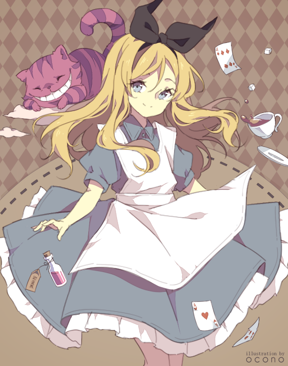 alice_(wonderland) alice_in_wonderland bad_id bad_pixiv_id blonde_hair blue_eyes bottle bow card cat checkered checkered_background cheshire_cat cup dress long_hair looking_at_viewer multicolored multicolored_tail okono playing_card ribbon_trim signature smile tail teacup