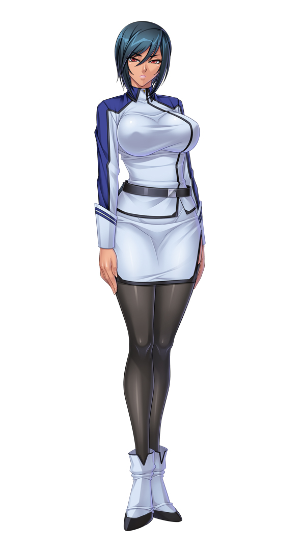 ankle_boots belt black_legwear blue_hair boots breasts dark_skin full_body kagami_hirotaka kangoku_senkan large_breasts lipstick looking_at_viewer makeup military military_uniform naomi_evans official_art pencil_skirt red_eyes serious short_hair side_slit simple_background skirt sleeve_cuffs solo standing thighhighs uniform white_background white_footwear