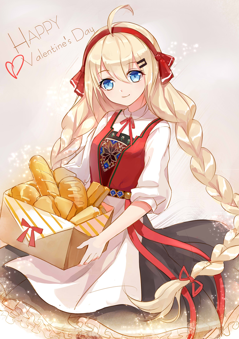 ahoge apron black_dress blonde_hair blue_eyes box braid bread cowboy_shot dress european_clothes food girls_frontline hair_ornament hairband hairclip happy_valentine holding long_hair looking_at_viewer m45_(girls_frontline) pink_background shirt smile solo tamaxi twin_braids valentine white_shirt