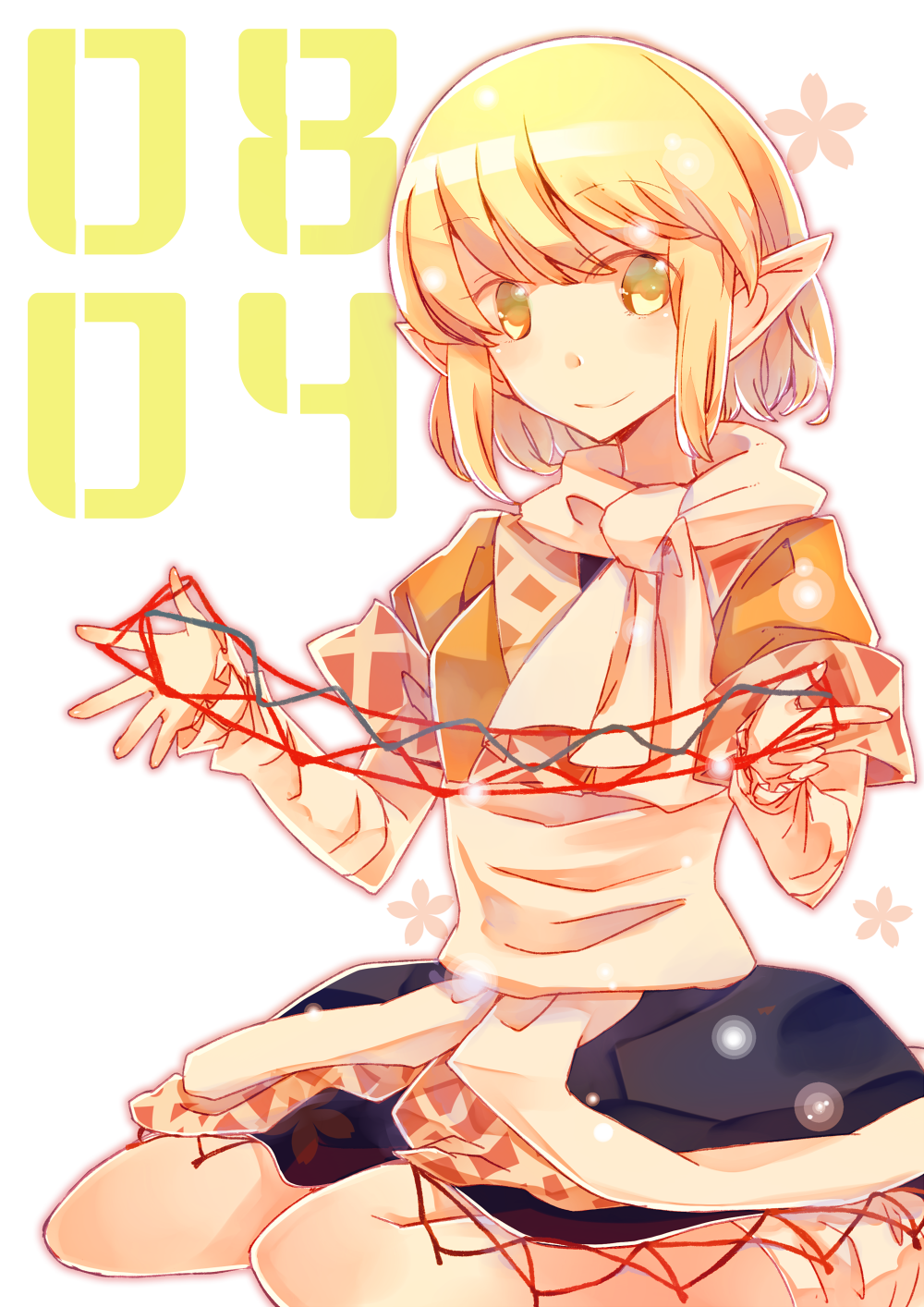 :&gt; atoki blonde_hair cat's_cradle date_pun green_eyes highres japanese_clothes mizuhashi_parsee number_pun pointy_ears scarf seiza sitting solo touhou translated