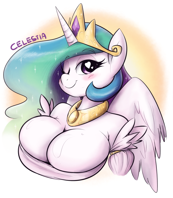 anthro big_breasts blush breasts cleavage clothed clothing doggie999 equine female friendship_is_magic heart_shaped_pupils horn looking_at_viewer mammal my_little_pony princess_celestia_(mlp) solo winged_unicorn wings