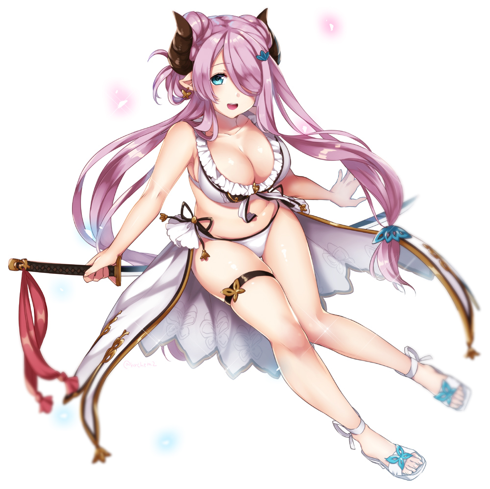 :d bare_arms bare_shoulders bikini black_ribbon blue_eyes blurry breasts collarbone depth_of_field draph granblue_fantasy hair_ornament hair_over_one_eye hairclip holding holding_sword holding_weapon horns katana kayase large_breasts looking_at_viewer narmaya_(granblue_fantasy) no_legwear open_mouth pink_hair pointy_ears ribbon sandals simple_background sitting smile solo swimsuit sword tassel thigh_gap thigh_strap unsheathed weapon white_background white_bikini