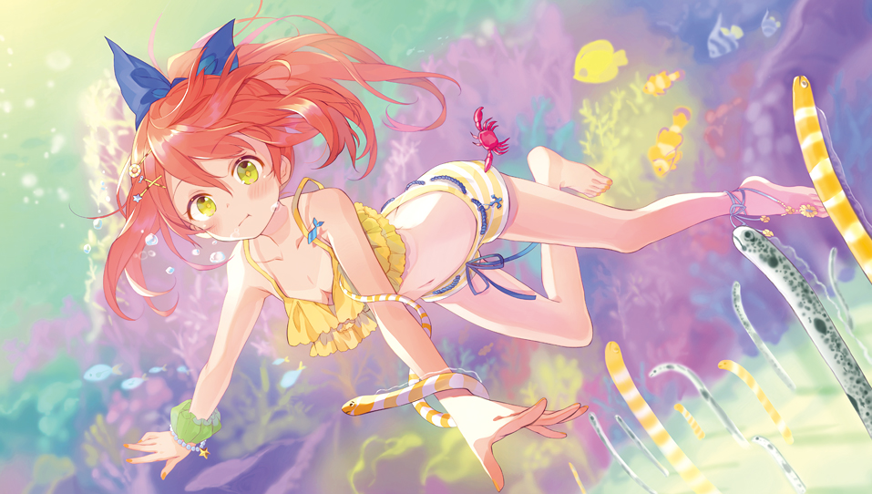 anklet bare_shoulders barefoot barefoot_sandals blush bracelet crab fish flounder freediving hair_ornament hair_ribbon hairclip holding_breath ibara_riato jewelry long_hair looking_at_viewer navel orange_hair original ribbon scrunchie snake solo swimming swimsuit underwater yellow_eyes