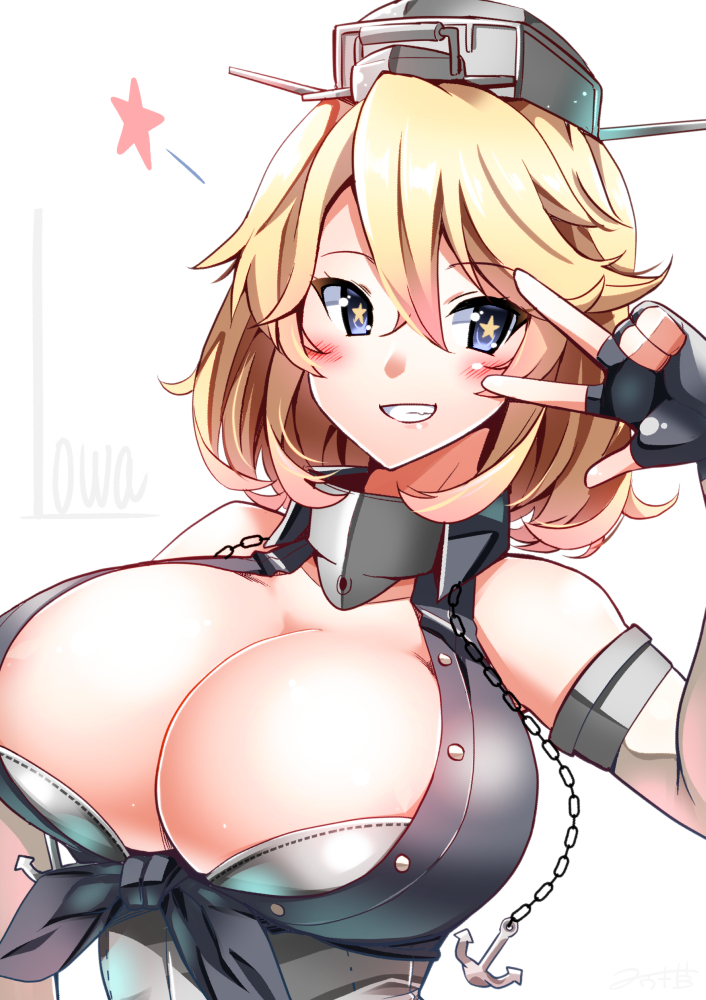 alternate_hair_length alternate_hairstyle anchor blonde_hair blue_eyes breasts cleavage commentary_request elbow_gloves fingerless_gloves front-tie_top gloves grin headgear huge_breasts iowa_(kantai_collection) kantai_collection short_hair smile solo star star-shaped_pupils symbol-shaped_pupils v yuuki_hb