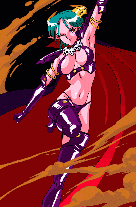 arm_up boots cape carrera demon_girl elbow_gloves gloves horns leg_lift navel official_art one_eye_closed pointy_ears red_eyes skull solo succubus thigh_boots thighhighs viper viper_gts