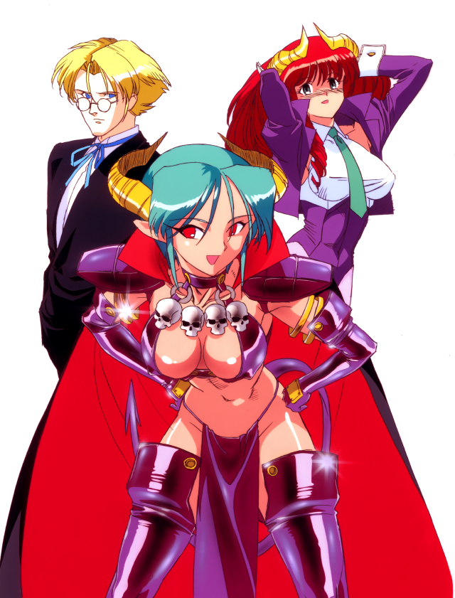 2girls aqua_hair arms_up blonde_hair cape carrera demon_girl demon_tail elbow_gloves glasses gloves hands_on_hips horns leotard long_hair long_sleeves mercedes_(viper) multiple_girls official_art open_mouth pointy_ears red_eyes red_hair short_hair simple_background skull succubus tail tuxedo viper viper_gts white_background